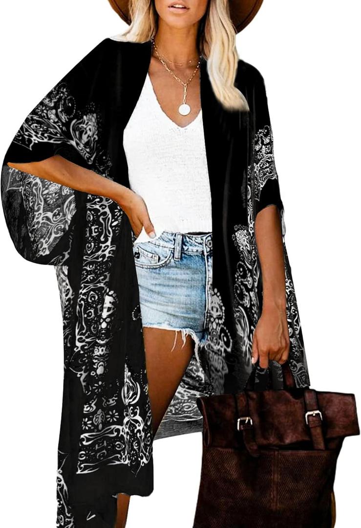 Breezy Lane Kimonos for Women Swimsuit Coverups Beach Cover Up Swimwear Cardigan Summer (A Black Print)