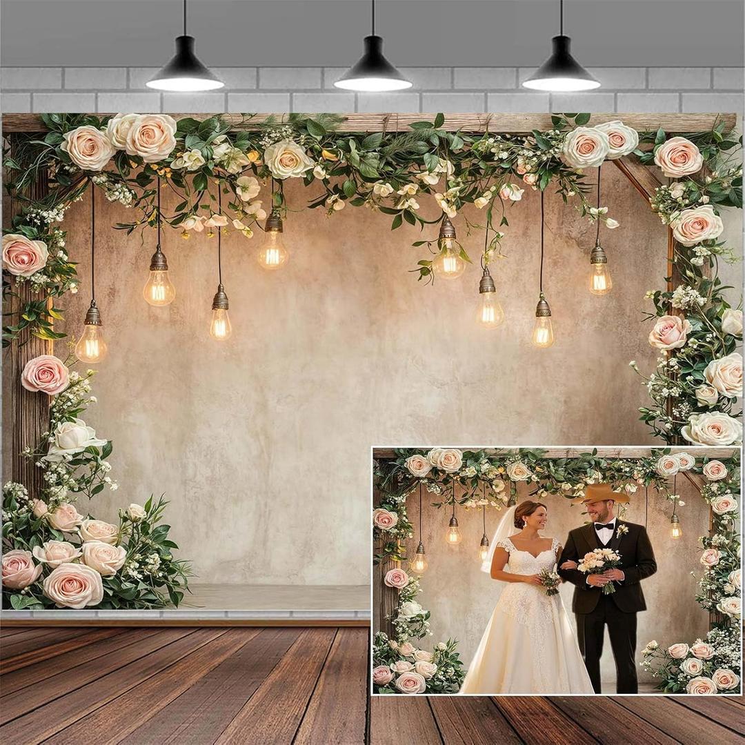 10x8ft Country Wedding Valentines Day Photography Backdrop Floral Roses Farmhouse Wooden Door Backdrop Pink Flower Birthday Baby Shower Bridal Party Banner Photo Booth Props Anniversary Background