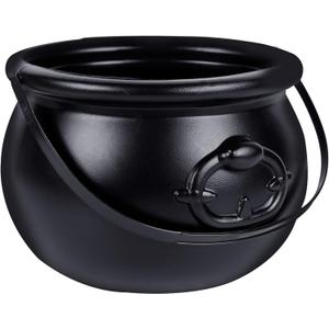 Zcaukya Halloween Large Cauldron, 7.4" Black Plastic Witch Pot with Handle, Vintage Cauldron Candy Bowl for Trick Or Treat, Dressing Accessories, Halloween Decorations