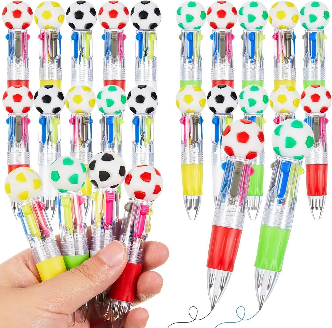 Kosiz 24 Pack Soccer Party Favors Sport Pen Multicolor 4 in 1 0.5mm Ballpoint Pen for Office Sport Lover Novelty Valentine's Day Gifts Goodie Bags Stuffers