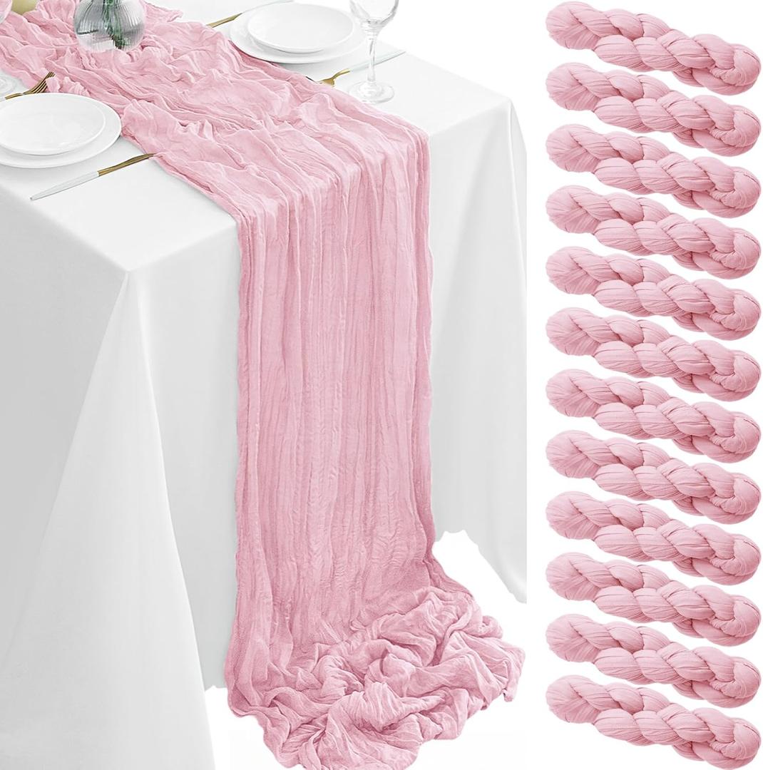 12Pack Pink Table Runner 35 x 120 inch Cheesecloth Table Runner 10FT Boho Table Runners Rustic Gauze Cheese Cloth Table Runners for Party Wedding Birthday Dining Bridal Shower Baby Shower Decor