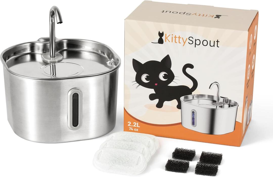 KittySpout Stainless Steel Cat Water Fountain Automatic Drinking Fountain, Quiet Circulating Water Bowl, Dishwasher Safe, Indoor Pet Fountain for Hydrated Healthy Cats (Stainless Steel, 2.2L Corded)