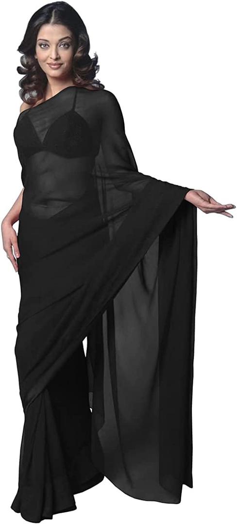 Women's Bollywood Chiffon Plain Sari Festival Uniform Saree Wrap Fabric (Black, XL)