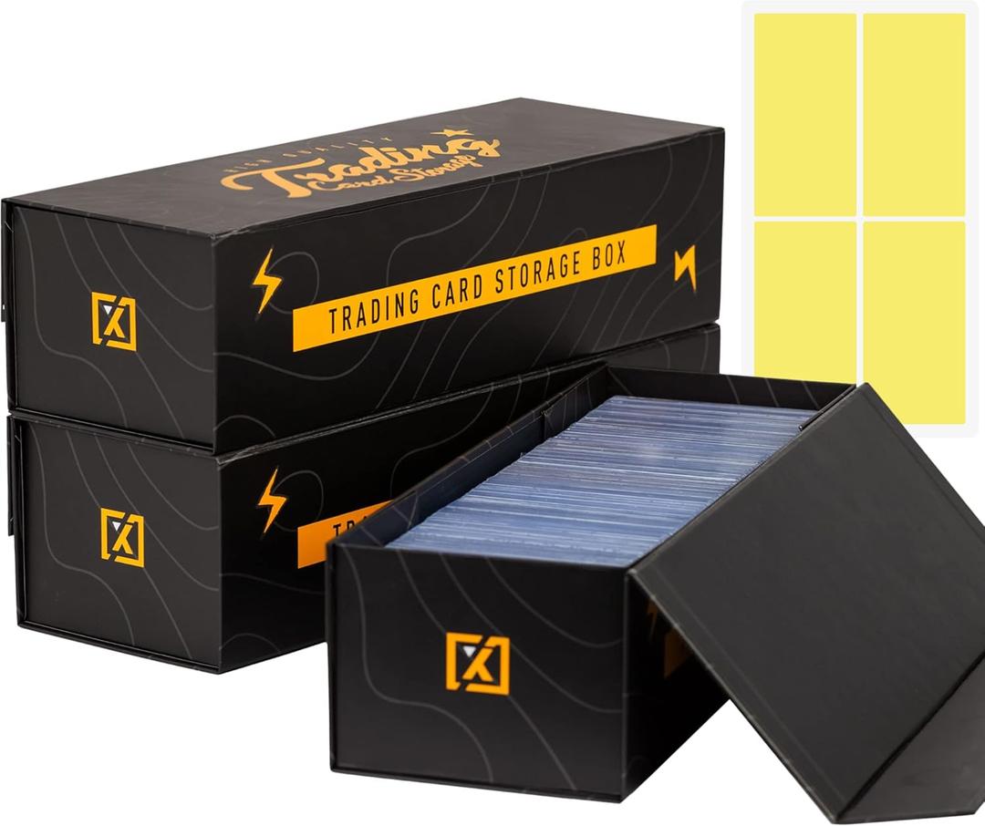 Trading Card Storage Box [3 PACK] - Magnetic Lid, Fits 800 Cards, 200 Toploaders, or 50 One Touch - Baseball Card Storage Box - Labels included