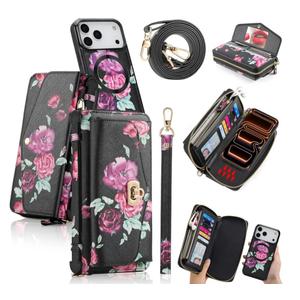 Compatible for iPhone 17 Pro Crossbody Wallet Purse Phone Case, Detachable Magnetic, RFID Blocking Card Holder, Zipper Leather Wallet Wrist Lanyard Strap Case for Women Black Flower