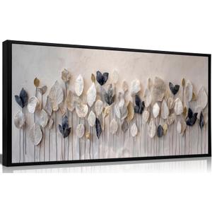 Large Framed Modern Boho Wall Art Textured Neutral Leaf Canvas Wall Decor Abstract Botanical Canvas Print, Modern abstraction Nature Art Picture for Office Living Room Bedroom or Halls 24X48in