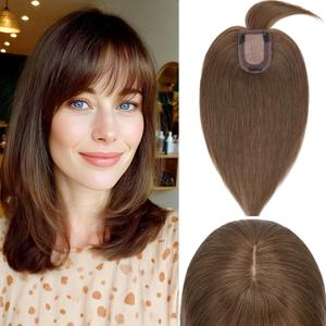 Rich Choices 100% Real Human Hair Topper with Bangs - Real Remy Hair Topper for Women Thinning on Top, 5.1x2.7 Inch Breathable Invisible Clip In Silk Base Hair Piece 8 Inch #4R Natural Brown