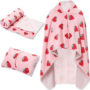 Valentine Day Plush Wearable Blanket Pink Strawberry Fleece Travel Blanket Women Pillow 2 in 1 with Sleeves and Buttons Lap Throw Shawl for Office Sofa Winter Warm Accessories Gifts