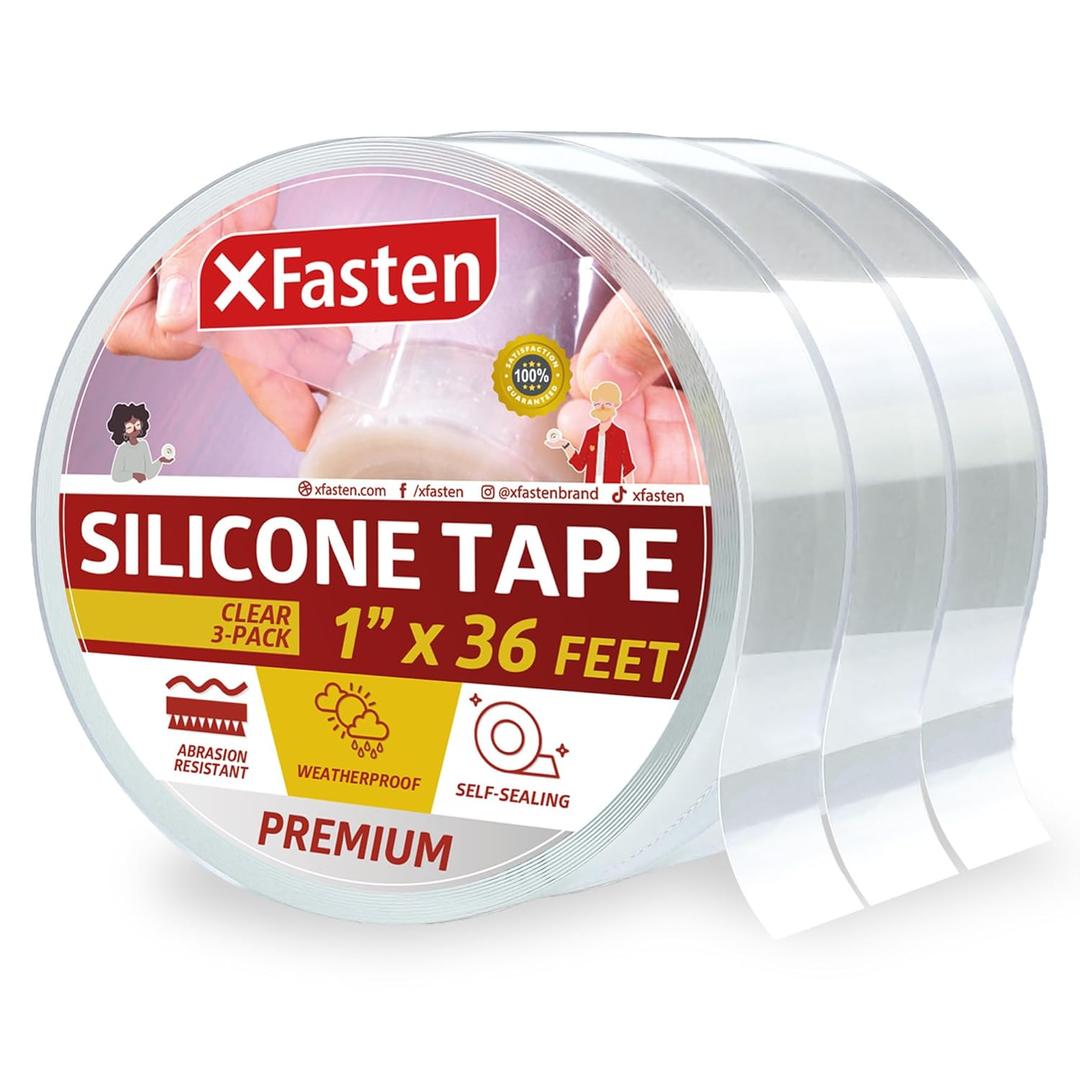 XFasten Self Fusing Silicone Tape Waterproof Clear  1" x 36 Feet (3-Pack 108ft), Self Amalgamating Tape, Silicone Rubber for Plumbing, Sealing Pipes, Hose Repair, Outdoor Coax and Electrical Cables (1-Inch x 36-Feet (3 Pack))