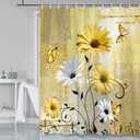Farmhouse Floral Shower Curtain for Bathroom, Daisy Flowers Butterfly Vintage Yellow Farm Style Shower Curtain Set, Polyester Fabric Farmhouse Bathroom Curtain Set with Hooks, Yellow, 72"W x 72"L (Pack of 1)