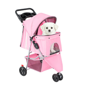 DUMOS 3 Wheels Pet Stroller for Small Dogs and Cats – Foldable Dog Stroller with Mesh Windows, Storage Basket & Cup Holder, Lightweight & Durable Pet Carrier for Travel, Outdoor Use – Pink