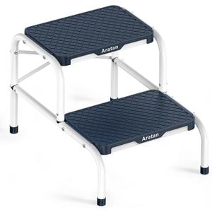 Two Step Stool for Adults, Heavy Duty Stepping Stool with Non-Slip Rubber Feet Metal Stool for Bedroom Kitchen Bed Steps for High Beds, 330 Lbs Capacity
