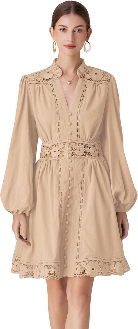 LAI MENG FIVE CATS Women's V-Neck Elegant Lace Long Sleeve Lantern Sleeve Button up Casual Mini Dress, Small
