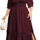Womens Plus Size Maxi Dress Short Sleeve Square Neck Tie Front Smocked Empire Waist A Line Flowy Lace Trim Side Slit (Burgundy, 3XL)
