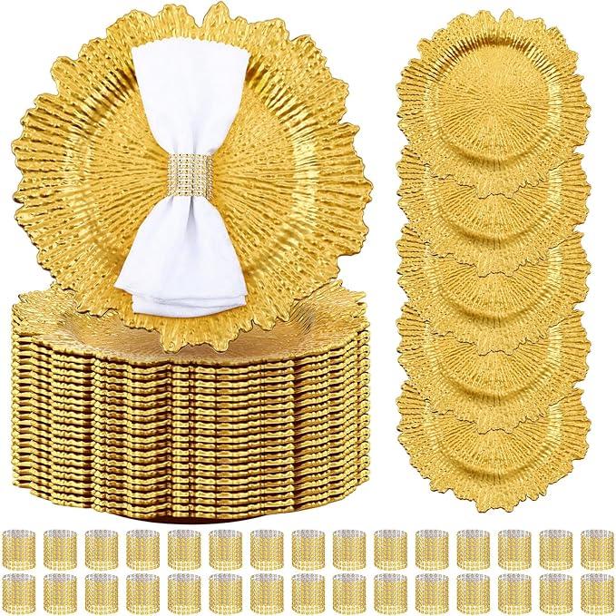 Widecook 50 Sets Gold Reef Charger Plates Bulk with Napkin Rings Include 13" Round Chargers for Dinner Plates and Mesh Diamonds Napkin Rings for Table Setting, Wedding Party