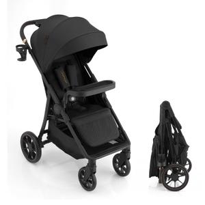 Gromast Baby Stroller with Detachable Snack Tray, Oversized Seat for Newborn to 4 Years, One-Hand Fold Travel Stroller w/Big Wheels, Adjustable Backrest, UPF 50+ Canopy & Cup Holder - Black