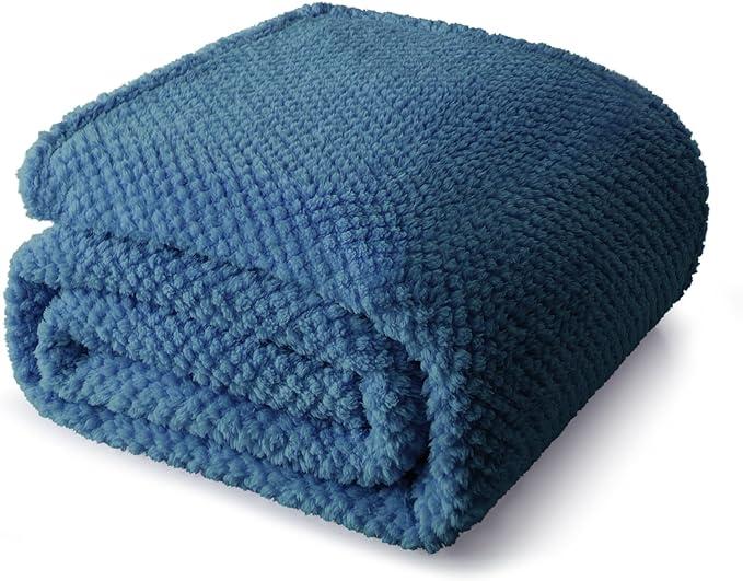 Fuzzy Fleece Throw Blanket for Couch, Fluffy Warm Soft Jacquard Blankets for All Season, Lightweight and Cozy, Navy Blue, 90x104