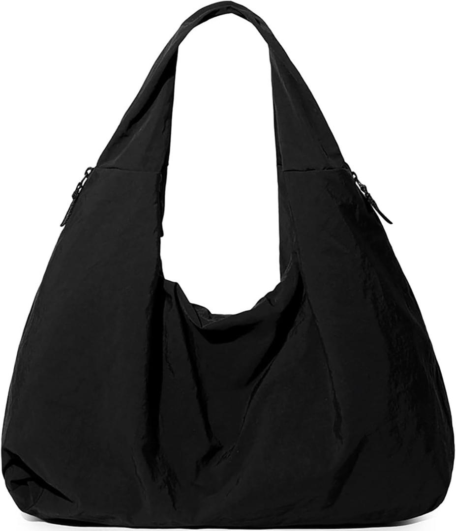 Slouchy Tote Bag Nylon Solid Pleated Handbag Large Hobo Bags for Women Multipockets Crescent Shoulder Bag (Black)