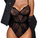 Avidlove Women Lingerie Bodysuit Lace Teddy Snap Crotch V Neck Cut Out One Piece Babydoll Underwire, Medium, Black 