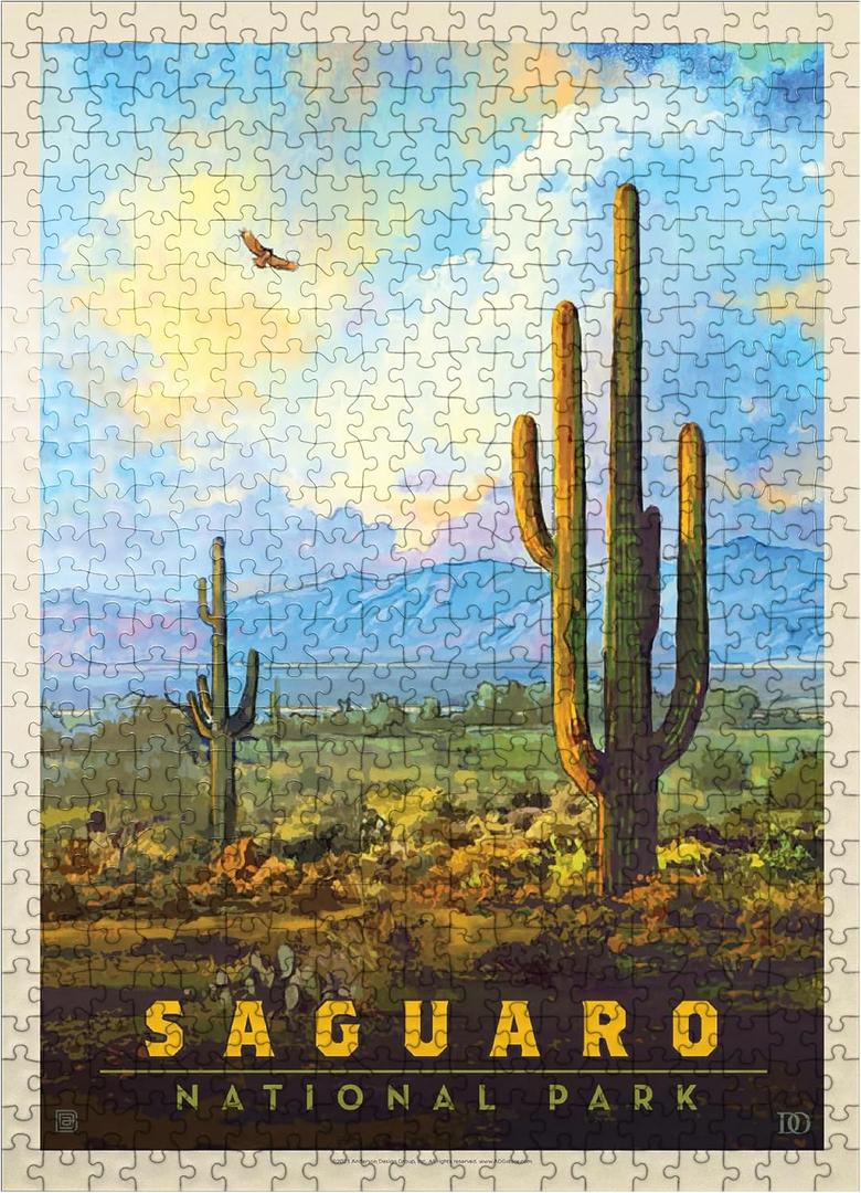 MyPuzzle Saguaro National Park: Desert Daybreak, Vintage Poster - Premium 500 Piece Jigsaw Puzzle for Adults