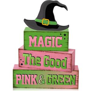 4 Pcs Pink Green Party Decorations Witch and Princess Table Decor Witchy Hat Wooden Signs Farmhouse Pink Green Witch and Princess Table Centerpiece for Home Office Desk Shelf Party Decorations