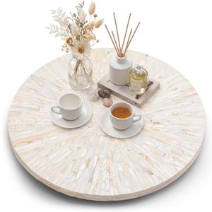 Large 16 Inch Mother of Pearl Lazy Susan for Table Top, Rotating Turntable Organizer Centerpiece Wood Round Spinning Tray for Countertop Kitchen Dining Housewarming Gift (Cream Sunlight)