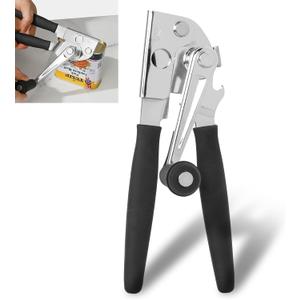 Commercial Can Opener with Magnet, Manual Heavy Duty Folding Hand Crank Can Opener Smooth Edge with Comfortable Long Handles, Fit All Size Cans, Large Cans (Black)