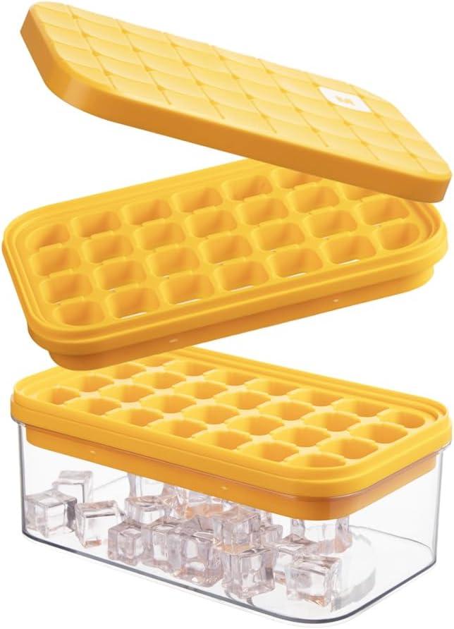 Brigii Ice Cube Tray with Lid&Bin, Ice Cube Mold with 56 Cubes, Stackable Ice Trays for Freezer with Easy-Release Silicone Bottom, for Drinks, Coffee, cocktail (Orange)