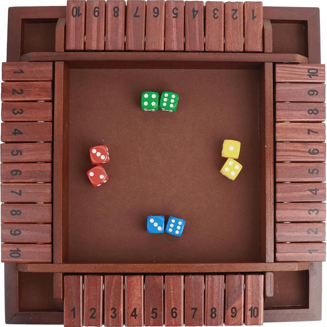 MerryPony Shut The Box 4 Player Wooden Board Game - 12 Inch With 10 Numbers and 12 Dice, Classic Family Tabletop Math Game for Adults & Kids, Pub Classroom Party
