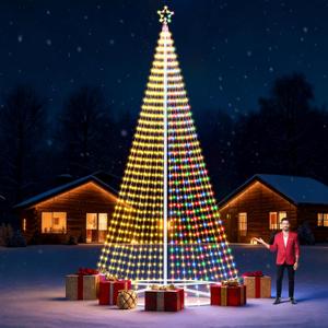 Riakrum 25ft-4072 LEDs Flagpole Christmas Tree Lights Outdoor Decorations with Star Topper, 8 Lighting Modes Pre-lit LED Flag Pole Christmas Tree Lighted Multicolor, Xmas Outside Yard Decoration