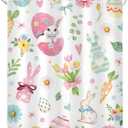 Riyidecor Easter Rabbit Shower Curtain for Bathroom Decor 60Wx72H Cute Bunny Eggs Spring Funny Floral Tulip Leaves Flower Lovely Cartoon Art Printed Fabric Polyester Waterproof 12 Pack Plastic Hooks
