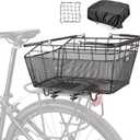 CXWXC Rear Bike Basket with Handle - Quick Release Bicycle Rear Basket with Cargo Net and Waterproof Cover, Wire Bike Baskets Rear Large Capacity (Wire Bike Basket)