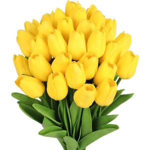 MACTING Yellow Artificial Tulip Flowers - 13.7" 30PCS Real Touch Fake PU Tulips Bouquet Faux Flowers for Floral Arrangements Table Centerpieces Kitchen Indoor Home Mothers Day Decorations
