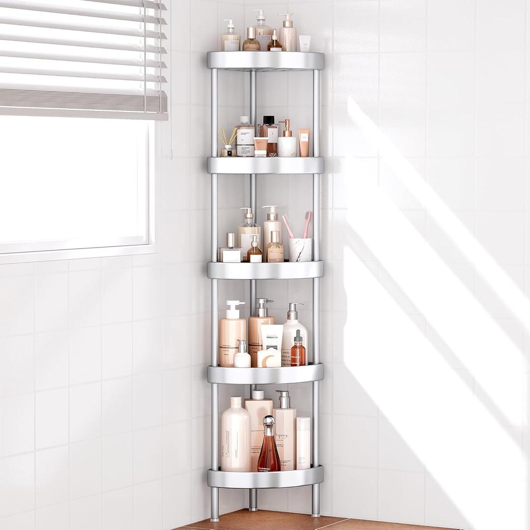 Nieifi Corner Shower Caddy Stand-5 Tier Rustproof Anodized Aluminum Standing Shower Organizer-Shower Caddy Corner-Dual Stability to Anti-Shaking-Height-Adjustable Legs for Uneven Surfaces-Silver