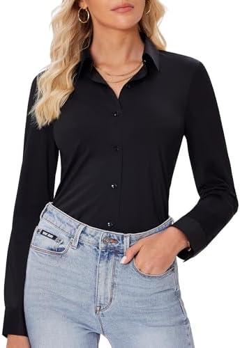 siliteelon Button Down Shirts for Women Slim fit Long Sleeve Stretch Dress Shirts Work Shirt Wrinkle Free Office Blouses, L, Black
