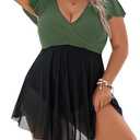 Blooming Jelly Women's Plus Size Bathing Suit One Piece Swim Dress Tummy Control Swimsuits Ruffle V Neck Swimwear 3XL