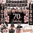 70th Birthday Decorations for Women, 38-Piece Black and Rose Gold 70 Years Old Party Supplies with Backdrop, Honeycomb Centerpieces, Banner, Hanging Swirls, Porch Banner, Balloons, Sash, Crown