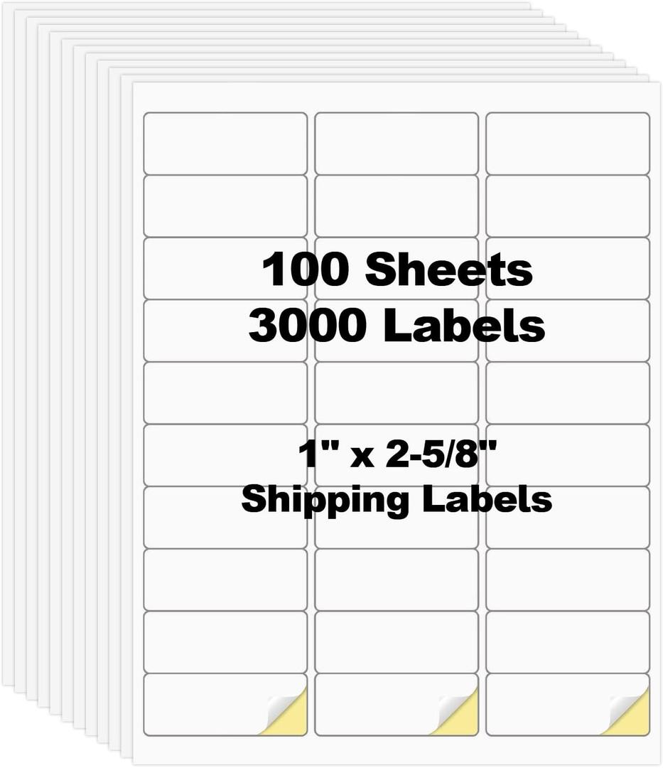 100 Sheets 3000 Pcs 30 Up 1" x2-5/8 Shipping Address Barcode Labels for Laser & Inkjet Printers, 1x2.625 FBA Labels on US Letter, 30 per Sheet Return Address Labels, 30 per Page