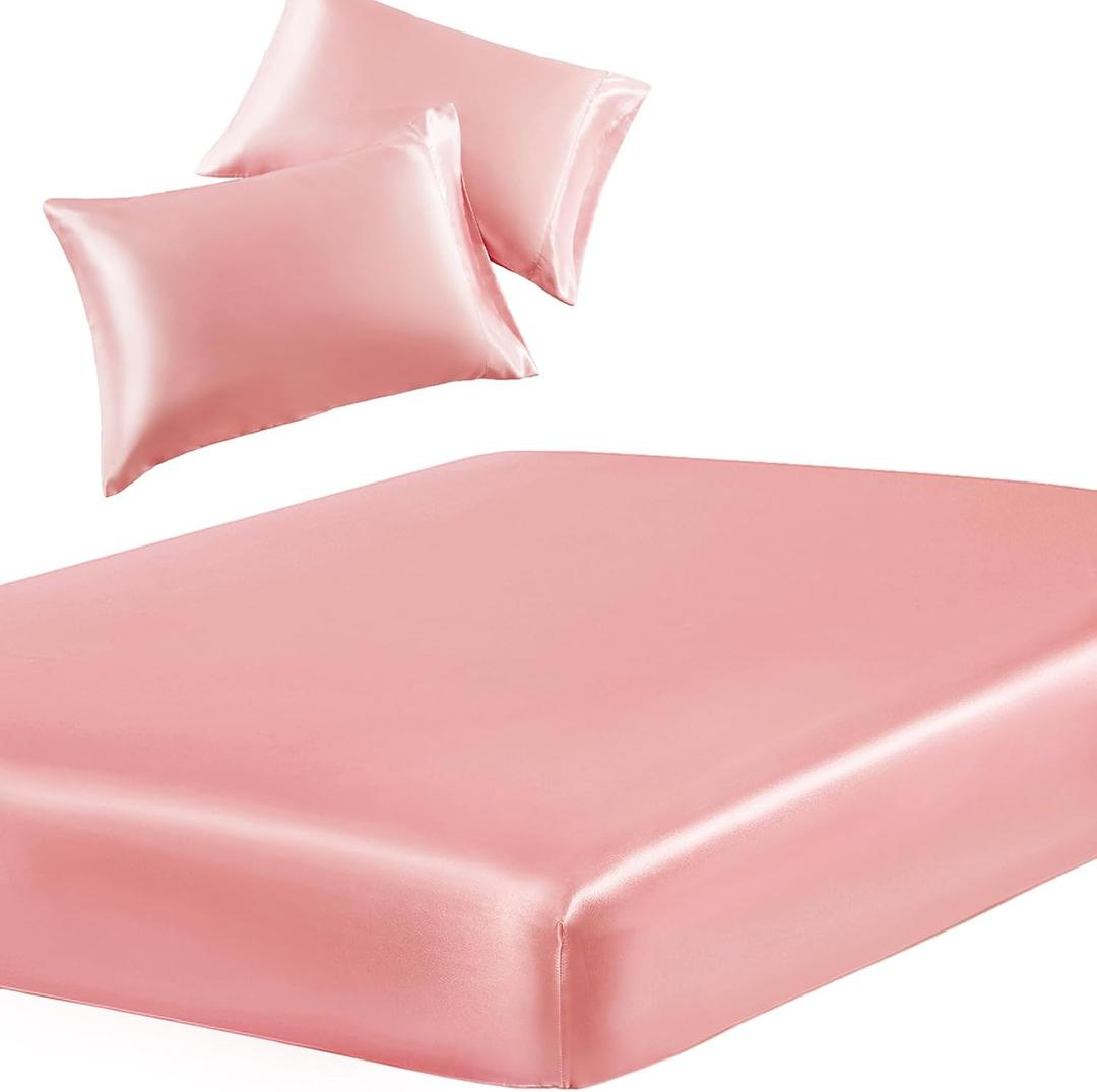 SiinvdaBZX 3-Piece Set Satin Queen Fitted Sheet & 2 Pillowcase, Blush Pink Silky Soft Fitted Bottom Sheet, Wrinkle Free, Fade Resistant, Deep Pocket Bed Sheet (Deep Up to 15") Twin
