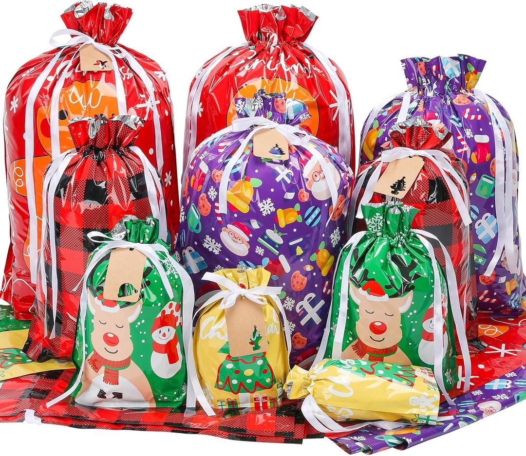 33 Pack Drawstring Christmas Gift Bags Assorted Sizes, Reusable Holiday Wrapping Bags for Presents, Plastic Xmas Gift Bag with Drawstring - Extra-Large, Large, Medium, Small Christmas Bags for Gifts