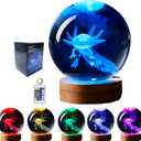 axolotl Lamp,3.15 inch 3D K9 Crystal Ball Axolotl Night Light With Wooden Base, 16 Colors Change, Remote Control, Color Box, Birthday Christmas axolotl Gift
