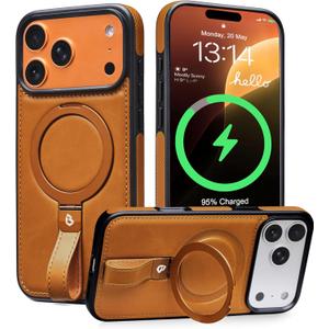 Butaiga for iPhone 17 Pro Max Leather Case with Stand, Anti-Slip Grip Ring, Fits for MagSafe (Brown, iPhone 17 Pro Max)