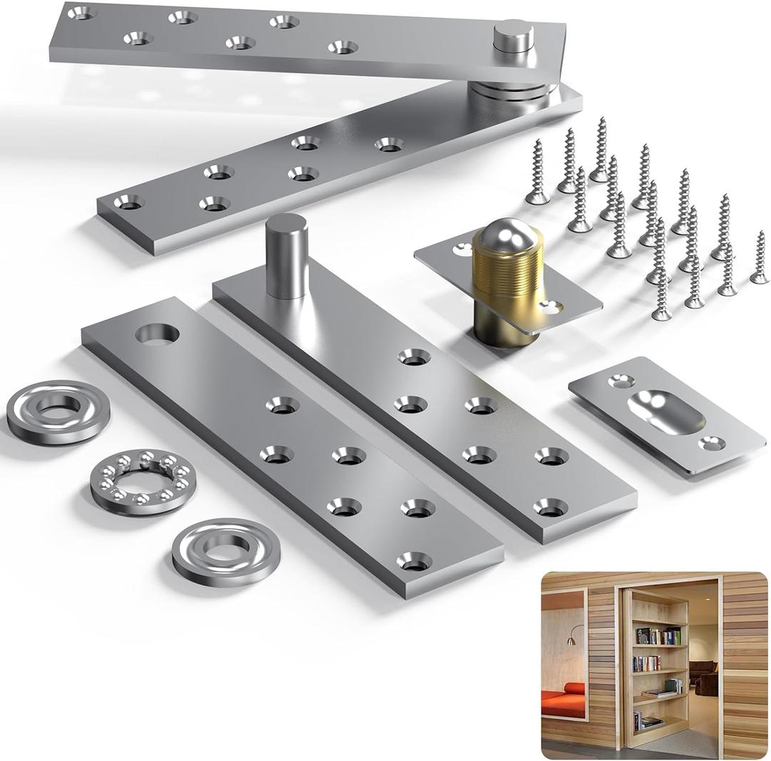 Door Pivot Hinge, Hidden Door Hinge for Wood Secret Door Heavy Duty Pivot Door Hardware for Max 300 Lbs Hidden Door Bookcase 360 Degree Rotation Stainless Steel (Silver2)