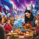 Christmas Village Photography Backdrop North Pole Snow Village Photo Backdrop Winter Night Xmas Tree Santa Party Decorations Holiday Photo Booth Banner (8x6FT)