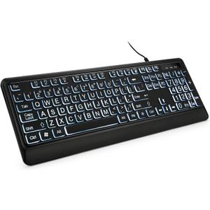 KOPJIPPOM Large Print Backlit Keyboard, USB Wired Computer Keyboard, Full Size Keyboard with White Illuminated LED Compatible for Windows Desktop, Laptop, PC, Gaming, Black