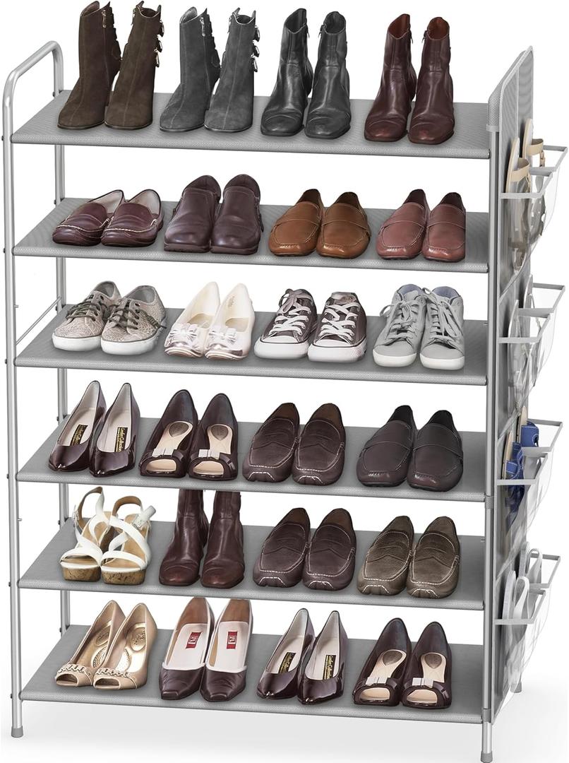Simple Houseware 6-Tier Shoe Rack Storage Organizer w/Side Hanging Bag, Grey 