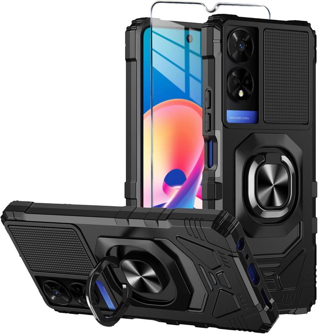 for TCL 50 XE - Nxtpaper 5G Case with Tempered Glass Screen Protector, Military Grade Heavy Duty Shockproof Protective Cover, Ring Kickstand (Black)