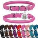 BRONZEDOG Rolled Leather Dog Collar for Small Medium Large Dogs with QR ID Tag (S: 12-14 Inch, Hot Pink)