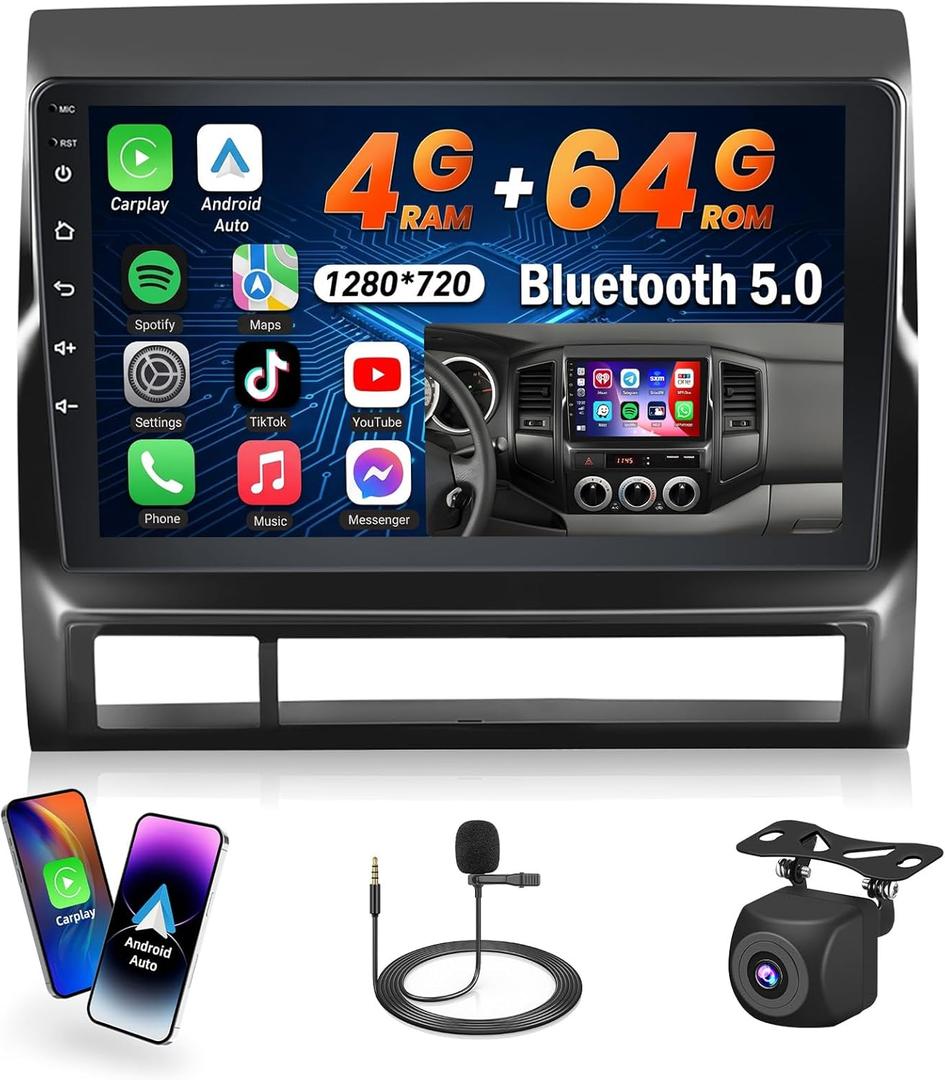 [DSP & 32EQ] 4+64G Android 15 Radio for Toyota Tacoma 2005-2013, 9 inch 1280 * 720 Touch Screen for Tacoma Car Stereo with Wireless Carplay Bluetooth5.0/FM/RDS/GPS/5GHz WiFi + Backup Camera