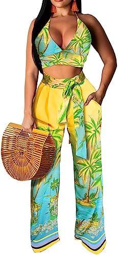 Elegant Two Piece Sets for Women Sexy Printing Halter Bandage Top Long Straight Pants Vacation Outfits Beach, L